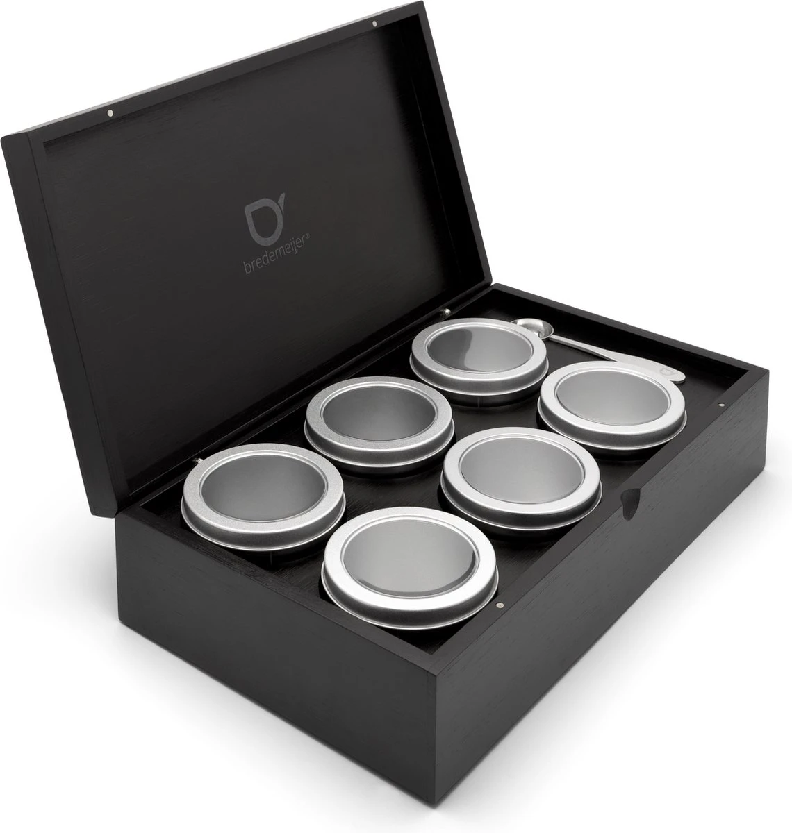Bredemeijer - Theedoos Zwart Met 6 Blikjes En Maatlepel 3 Bredemeijer - Theedoos Zwart Met 6 Blikjes En Maatlepel