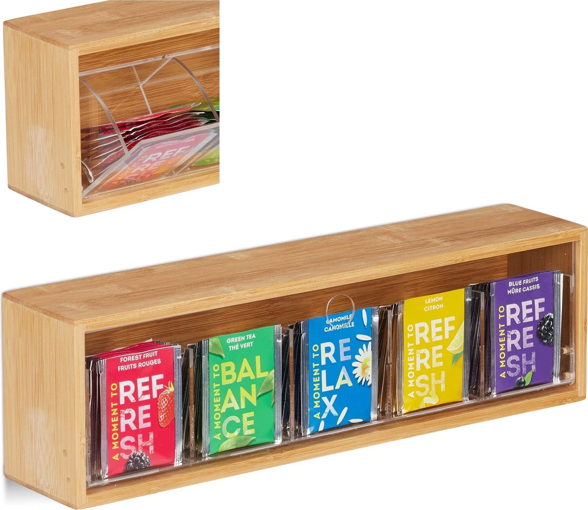 Relaxdays Theedoos 5 Vaks - Theekist - Theezakjeshouder - Bamboe - Voor Ca. 10 Theezakjes 3 Relaxdays Theedoos 5 Vaks - Theekist - Theezakjeshouder - Bamboe - Voor Ca. 10 Theezakjes