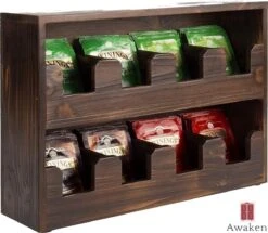 Theedoos - Gebrand Hout - 8 Vaks (~90 Zakjes) - Duurzaam - Compact Design - 32x8x22 Cm - Cadeautip