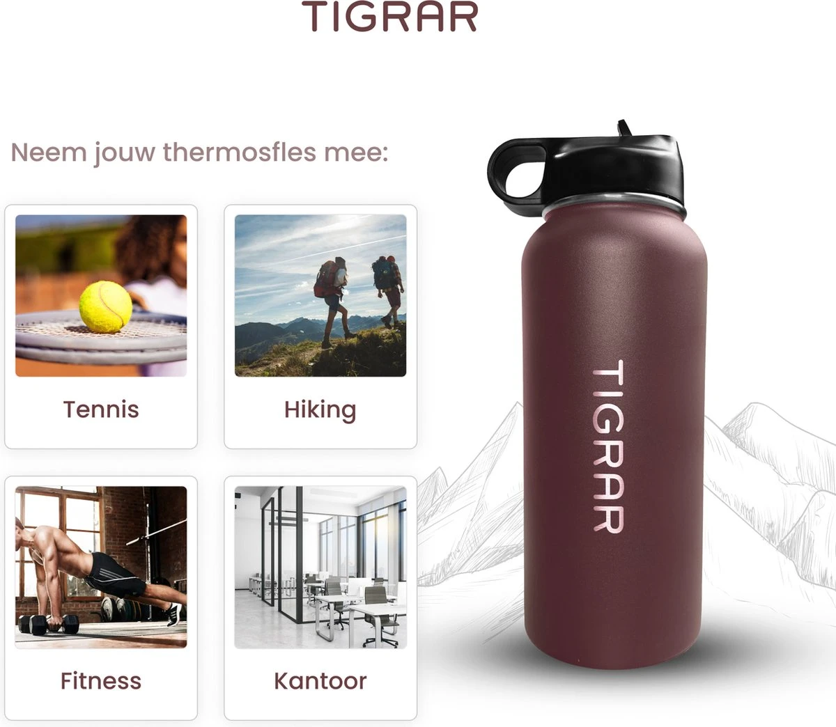 Tigrar - Waterfles Met Rietje - Drinkfles 1 Liter - Thermosfles - RVS - Rood - Incl. Extra Dop, 3 Rietjes En Reiniger 7 Tigrar - Waterfles Met Rietje - Drinkfles 1 Liter - Thermosfles - RVS - Rood - Incl. Extra Dop, 3 Rietjes En Reiniger - Afbeelding 5