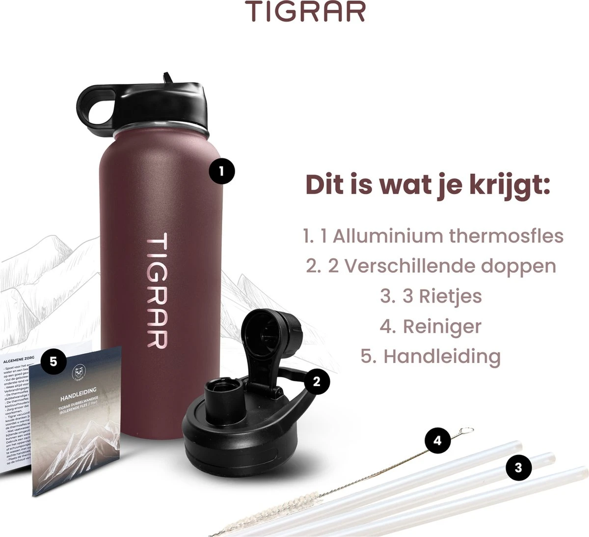 Tigrar - Waterfles Met Rietje - Drinkfles 1 Liter - Thermosfles - RVS - Rood - Incl. Extra Dop, 3 Rietjes En Reiniger 6 Tigrar - Waterfles Met Rietje - Drinkfles 1 Liter - Thermosfles - RVS - Rood - Incl. Extra Dop, 3 Rietjes En Reiniger - Afbeelding 4
