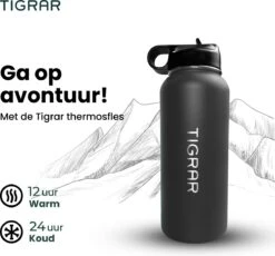 Tigrar - Drinkfles - Waterfles - Thermosfles 1 Liter - RVS - (Grafiet) Zwart - Incl. Extra Dop 3 Rietjes En Reiniger -Beste Koffie Winkel 1200x1116
