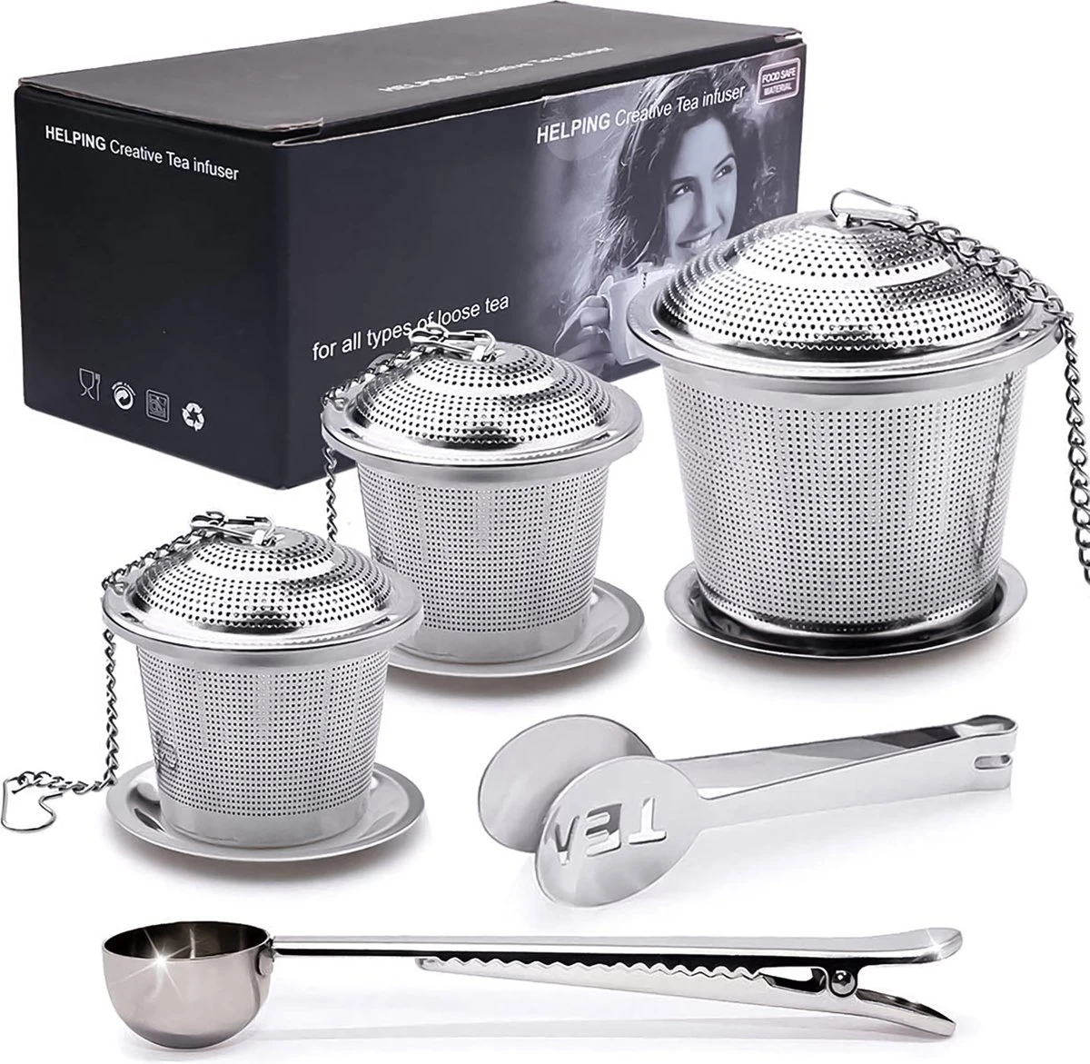 TeaLux 5-Delig RVS Theefilters Set Met Maatlepel En Lekbakjes En Knijper - Theezeef Voor Losse Thee En Kruiden - Tea InfuserStrainer Giftset - Verse Thee FilterZeef Cadeau Pakket - Kruidenbuiltje Ei Met Onderzetters - Geschenkset 3 TeaLux 5-Delig RVS Theefilters Set Met Maatlepel En Lekbakjes En Knijper - Theezeef Voor Losse Thee En Kruiden - Tea InfuserStrainer Giftset - Verse Thee FilterZeef Cadeau Pakket - Kruidenbuiltje Ei Met Onderzetters - Geschenkset