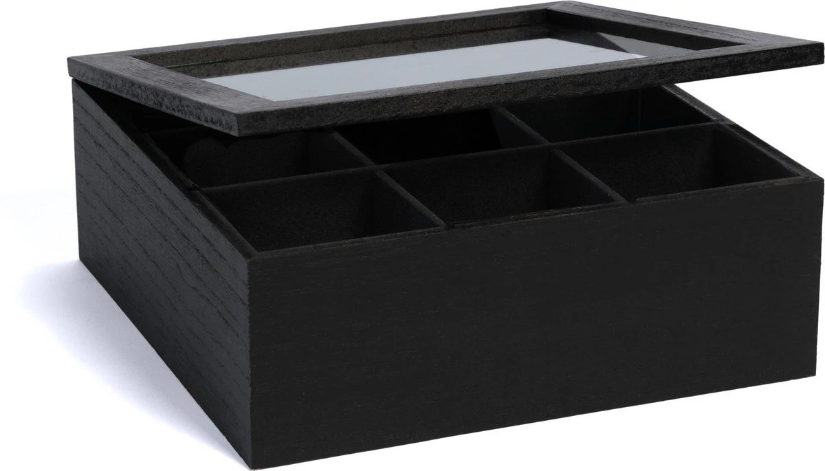 CasaLupo Theedoos Zwart 9-vaks - Met Fluweel - 23 X 23 Cm 3 CasaLupo Theedoos Zwart 9-vaks - Met Fluweel - 23 X 23 Cm