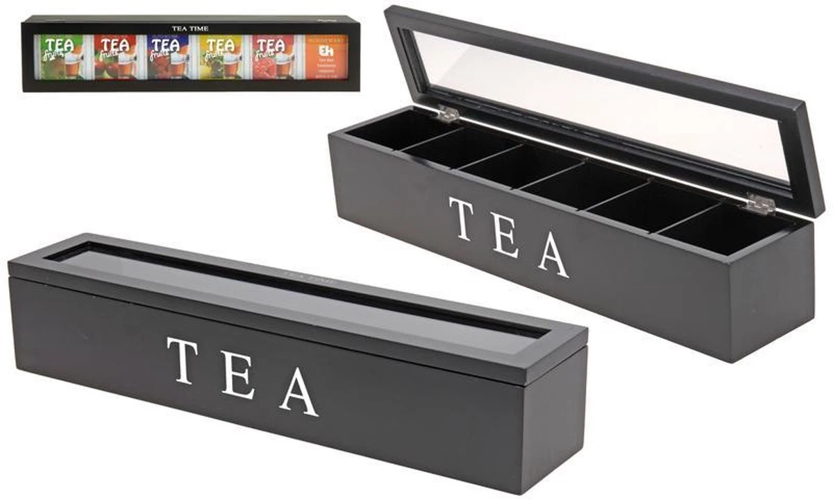 Merkloos Theedoos Theekist Zwart Met 6 Vakken 5 Merkloos Theedoos Theekist Zwart Met 6 Vakken - Afbeelding 3
