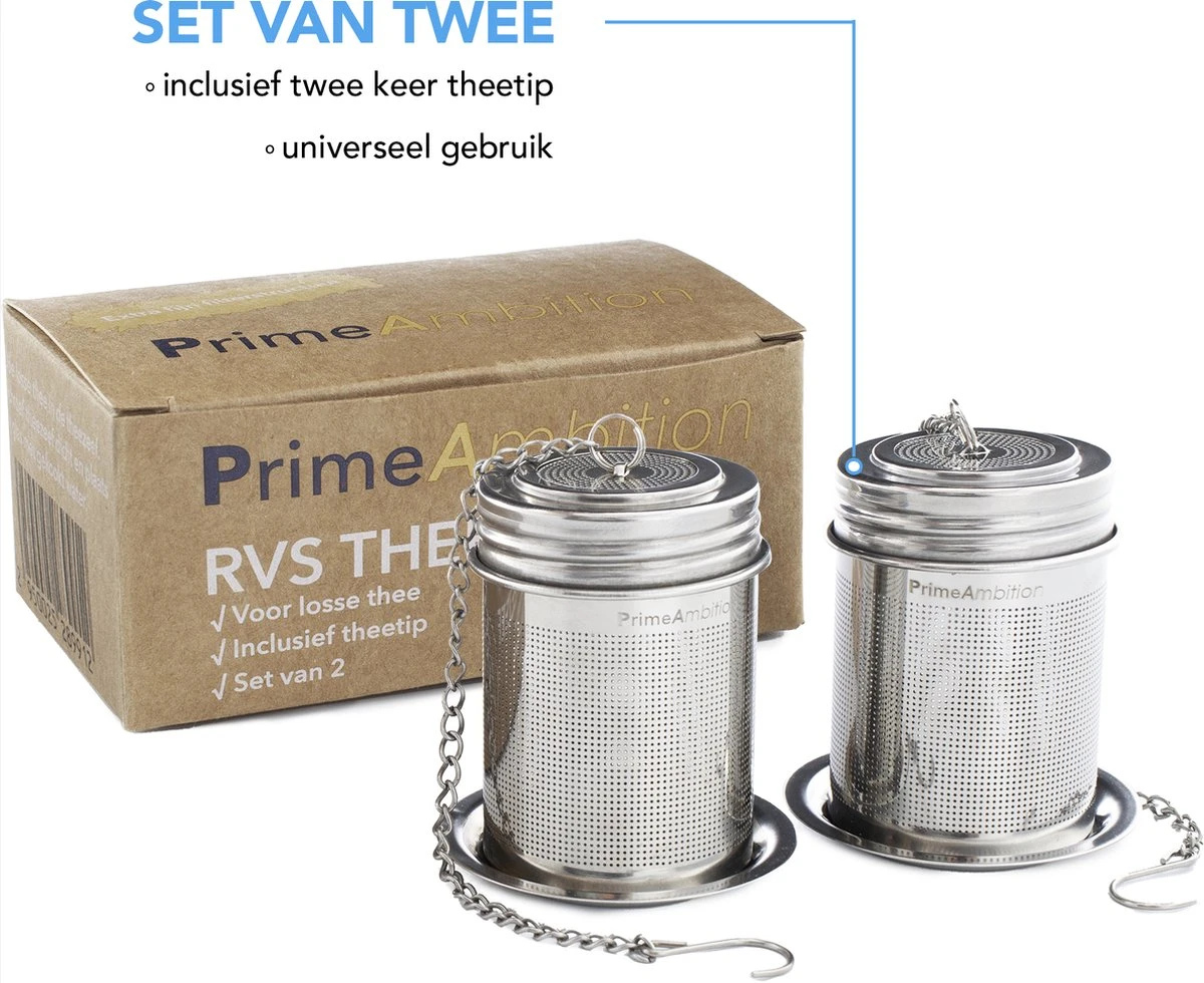 PrimeAmbition - 2 Stuks Theezeef En Theetip Voor Losse Thee - Extra Fijne Filter - Thee Ei Set Met Schoteltje Voor Theezakjes 8 PrimeAmbition - 2 Stuks Theezeef En Theetip Voor Losse Thee - Extra Fijne Filter - Thee Ei Set Met Schoteltje Voor Theezakjes - Afbeelding 6