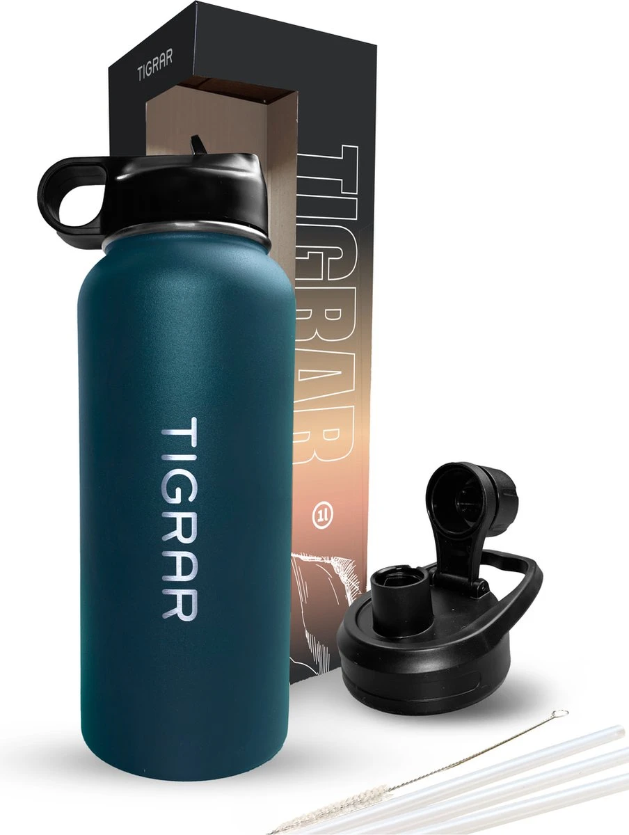 Tigrar - Waterfles - Drinkfles - Thermosfles 1 Liter Dubbelwandig - RVS - (Staal) Blauw - Incl. Extra Dop 3 Rietjes En Reiniger 3 Tigrar - Waterfles - Drinkfles - Thermosfles 1 Liter Dubbelwandig - RVS - (Staal) Blauw - Incl. Extra Dop 3 Rietjes En Reiniger