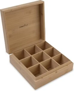Theedoos Van ZENZYTEA® - Bamboe - Theedoos 9 Vaks - Inclusief 3 Theeblikken Voor Losse Thee - Geschikt Voor Grote & Kleine Theezakjes - Vierkant - Grote Vakken - Luxe Verpakking - Cadeau -Beste Koffie Winkel 975x1200